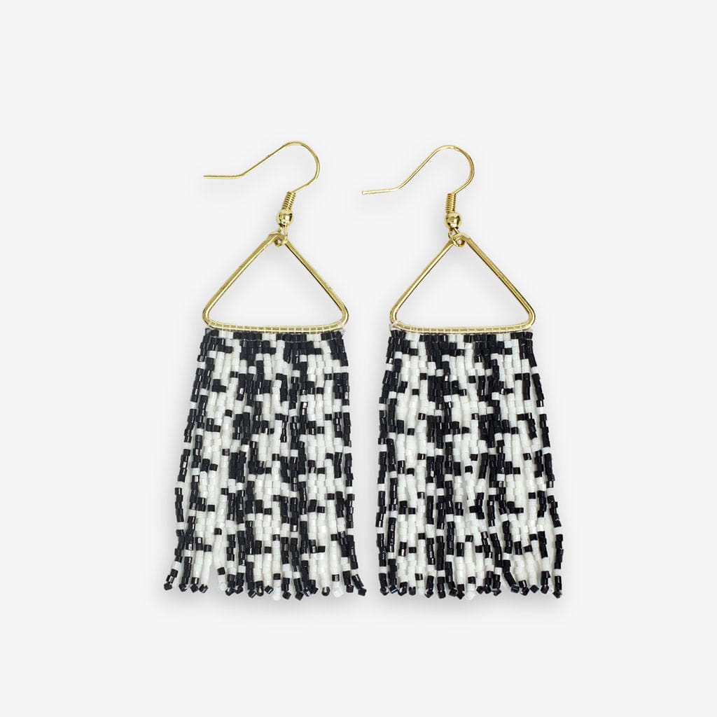 Paige Game Day Houndstooth Beaded Fringe Earrings Black and White Wholesale