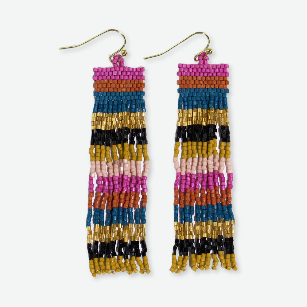 Billie Mixed Horizontal Stripes Beaded Fringe Earrings Jewel Tone Wholesale