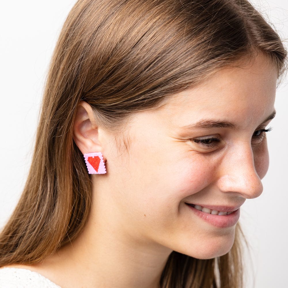 Kallie Heart Rectangle Post Beaded Earrings Pink Red