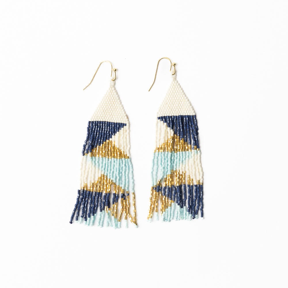 Brittany Mixed Triangles Beaded Fringe Earrings Ivory Blue