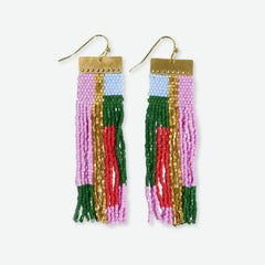 anju McKenzie Brass Bar Hanger Long Beaded Fringe Earrings Pink