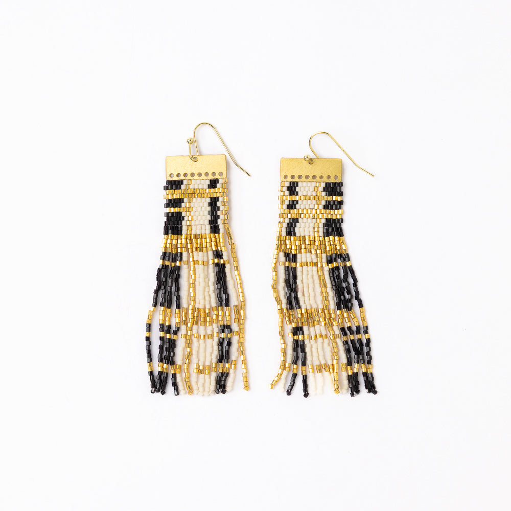 Mckenzie Brass Bar Long Fringe Earrings Black + Gold Wholesale