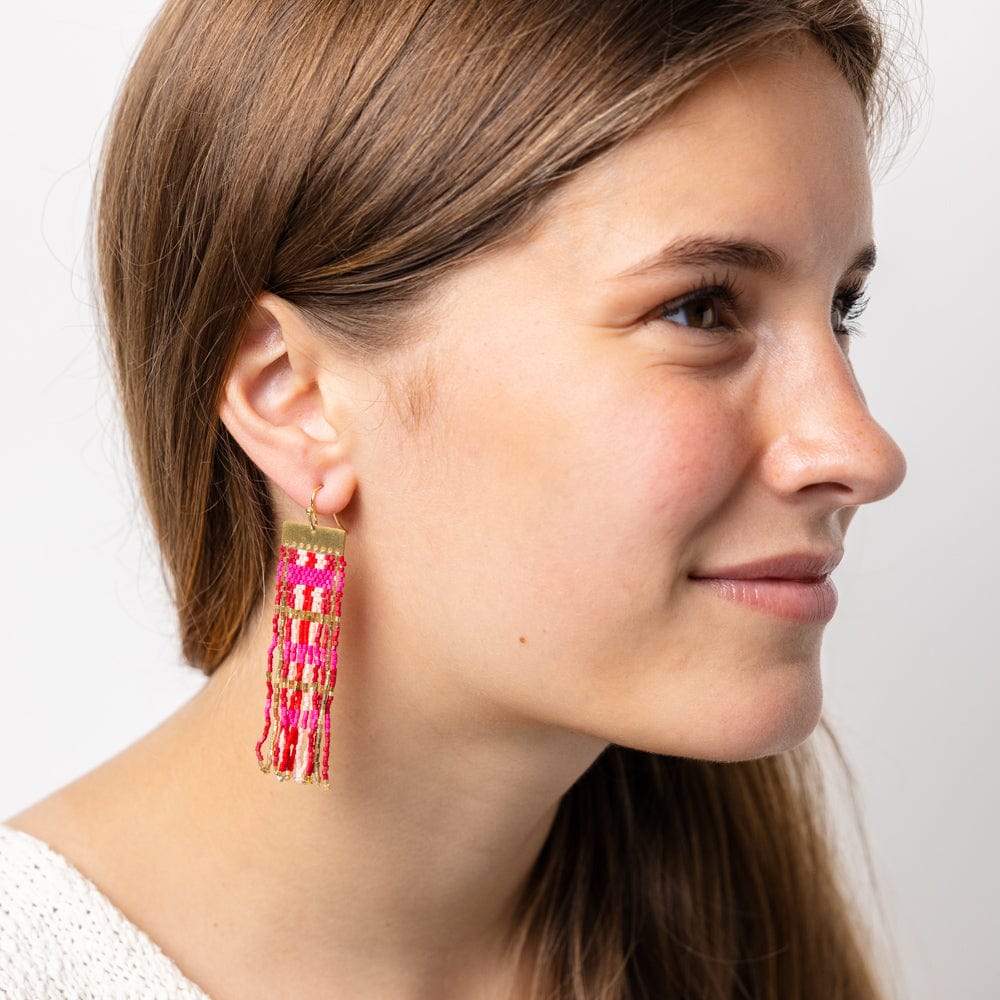 Mckenzie Brass Bar Long Fringe Earrings Hot Pink + Gold Wholesale