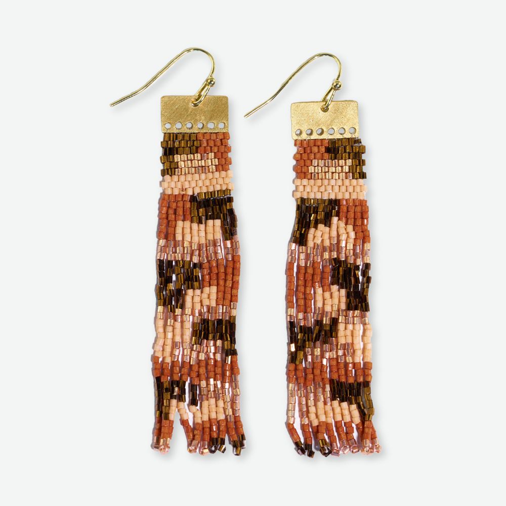 Ada Color Block Beaded Fringe Earrings Apricot and Bronze Wholesale