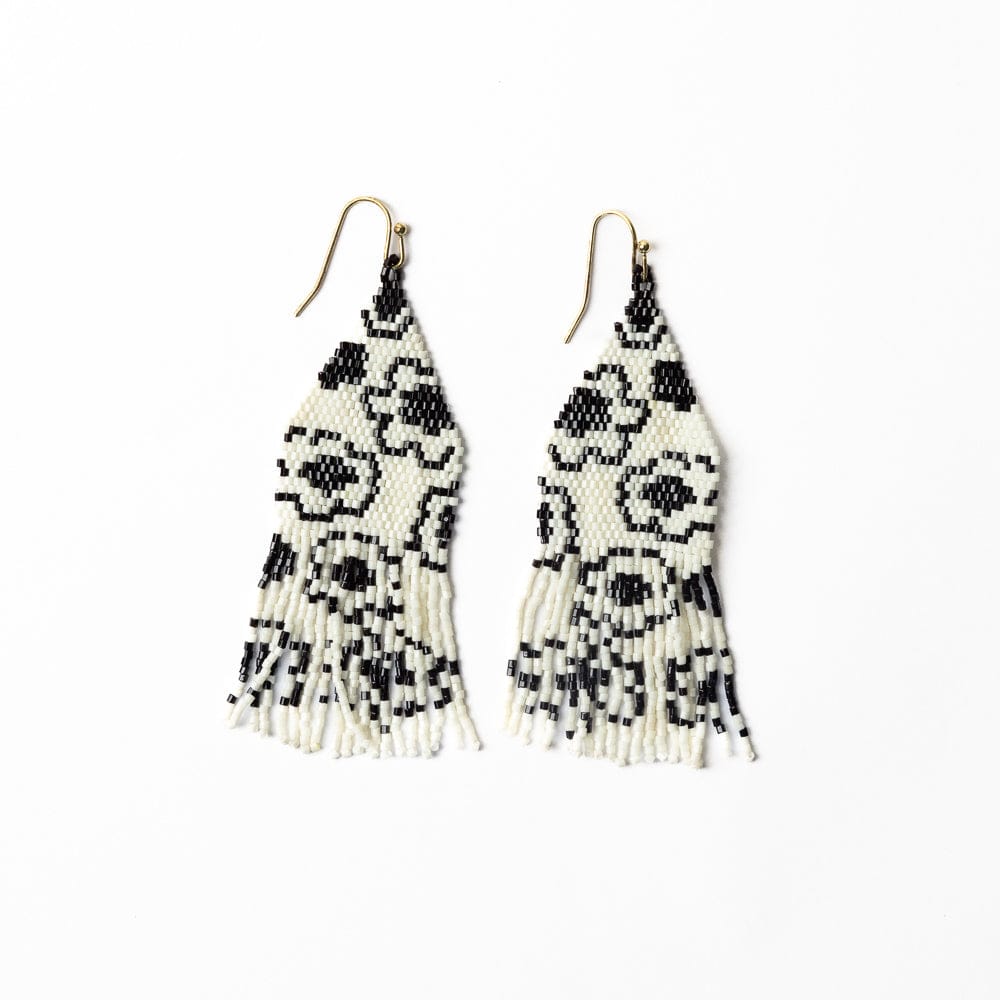 Delilah Poppies Beaded Fringe Earrings Ivory/Black