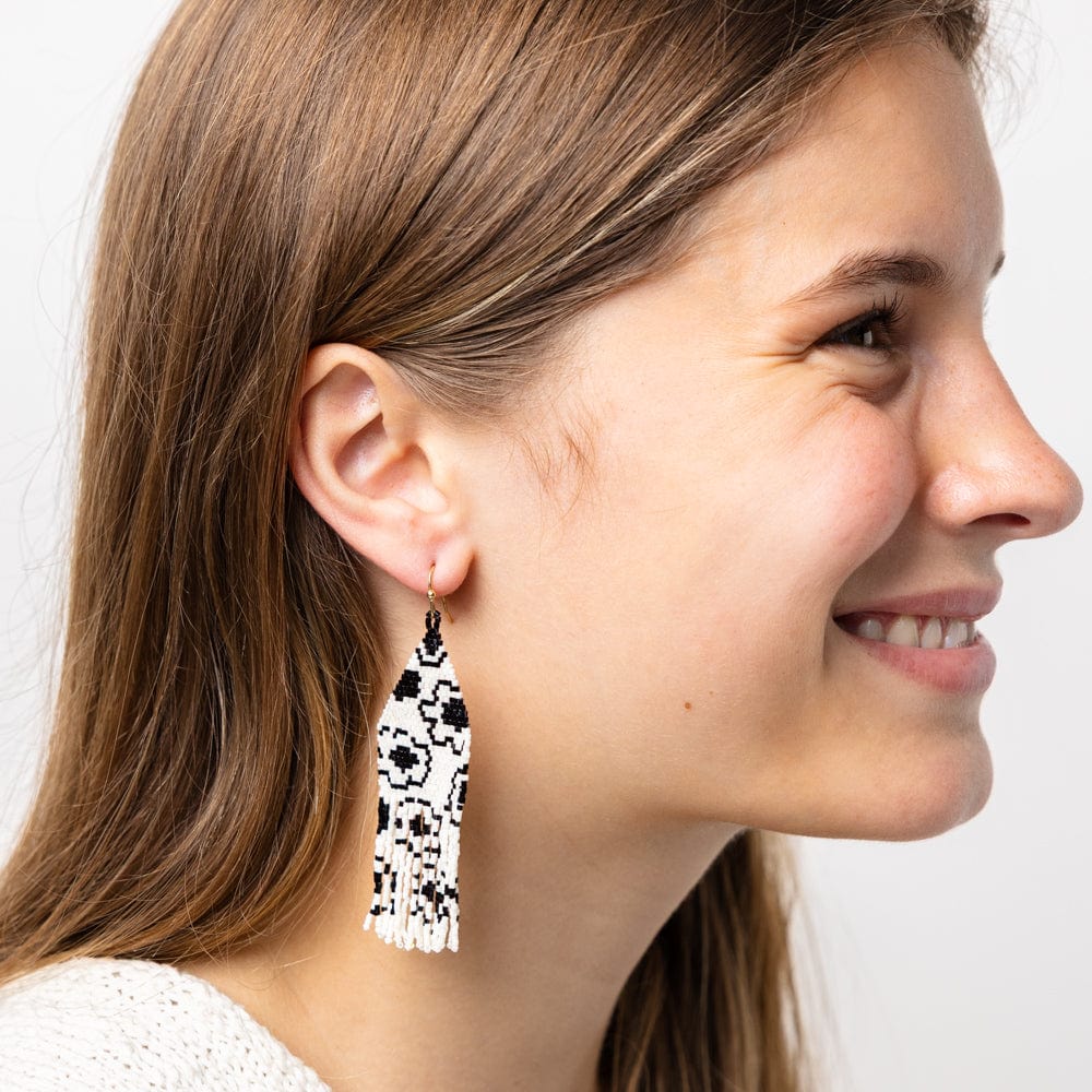 Delilah Poppies Beaded Fringe Earrings Ivory/Black