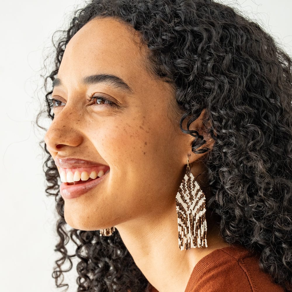 Delilah Zebra Print Beaded Fringe Earrings Bronze + Ivory Wholesale