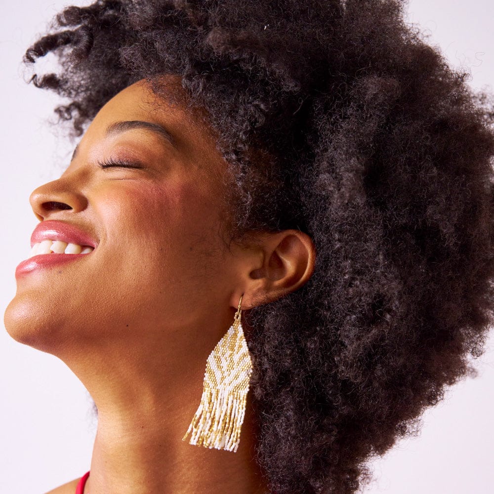 Delilah Zebra Print Beaded Fringe Earrings Ivory + Gold Wholesale