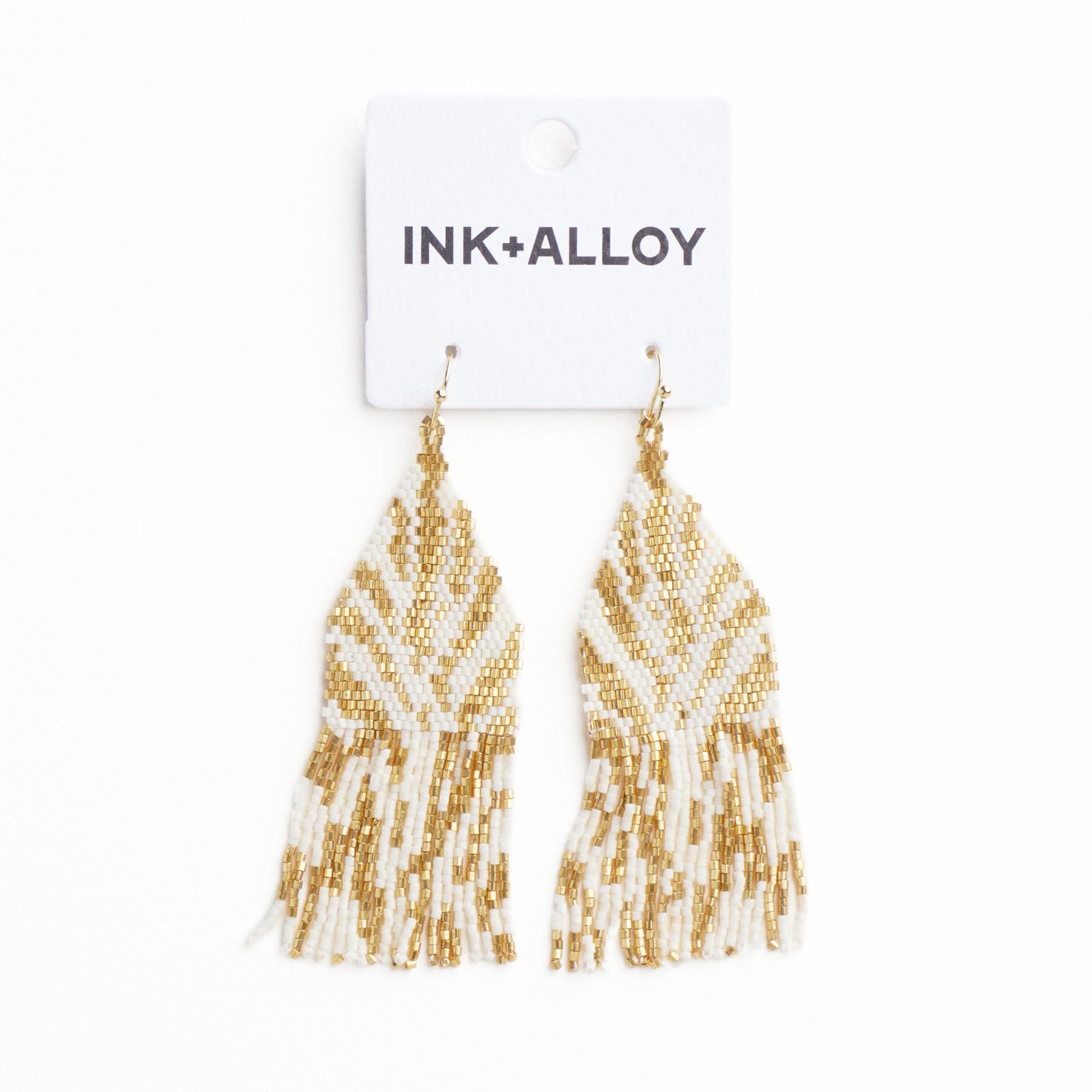 Delilah Zebra Print Beaded Fringe Earrings Ivory + Gold Wholesale
