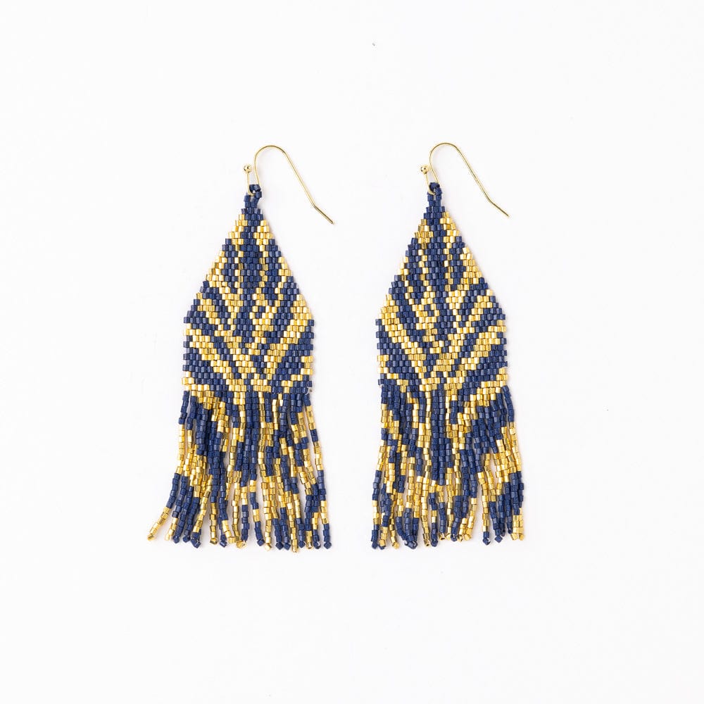 Delilah Zebra Print Beaded Fringe Earrings Navy + Gold Wholesale