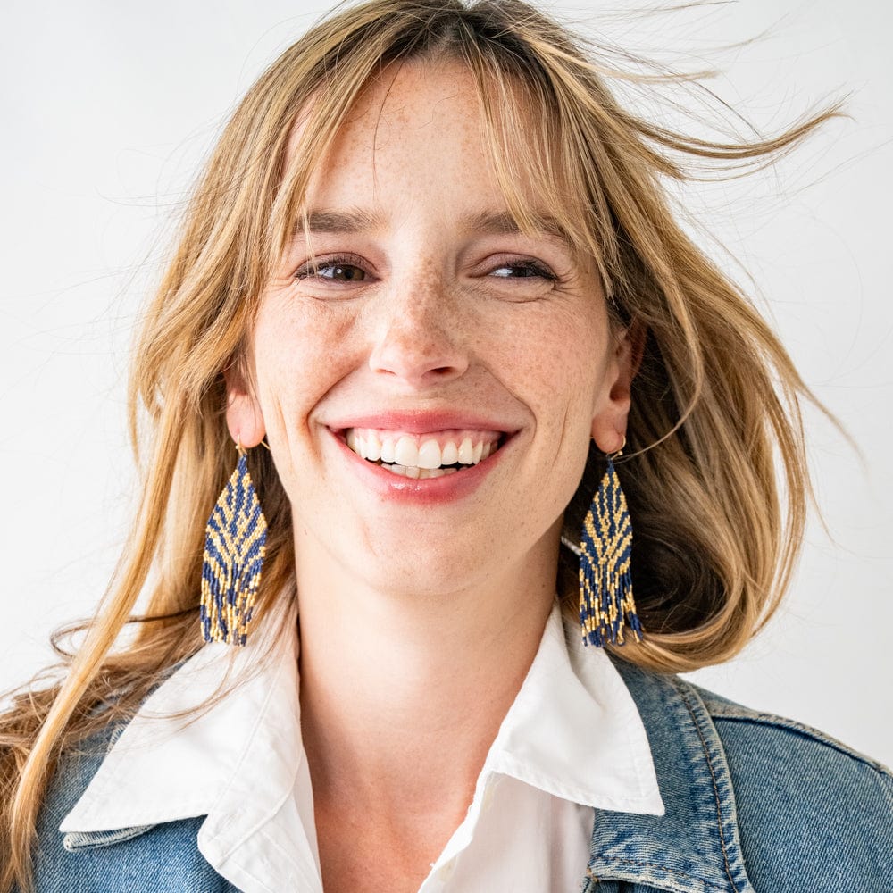 Delilah Zebra Print Beaded Fringe Earrings Navy + Gold Wholesale