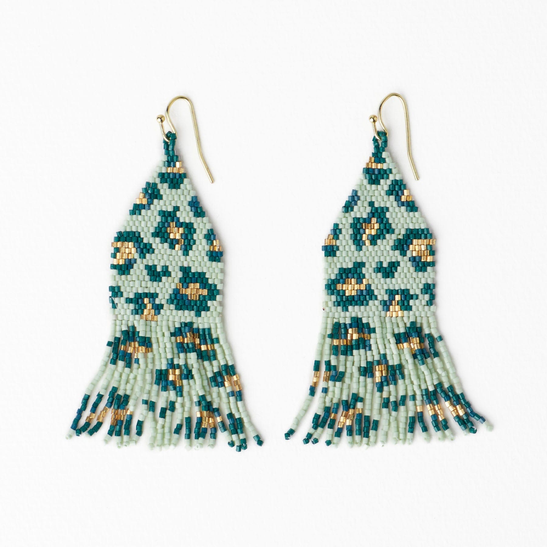 Delilah Cheetah Print Beaded Fringe Earrings Green + Gold Wholesale