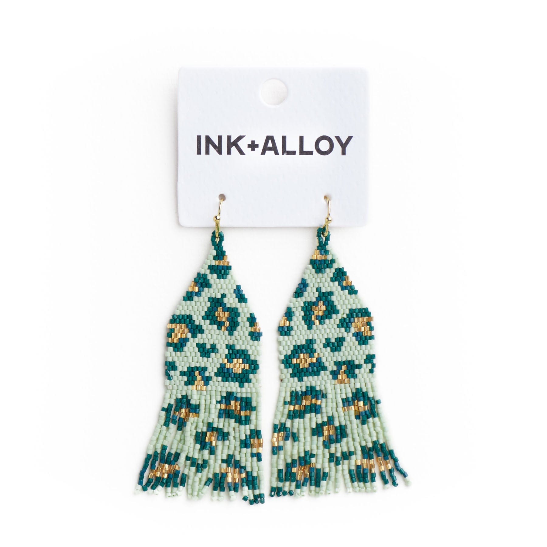 Delilah Cheetah Print Beaded Fringe Earrings Green + Gold Wholesale