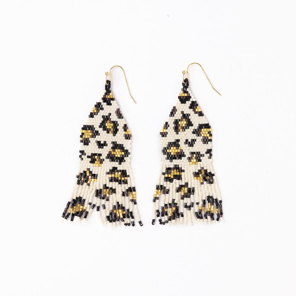 Delilah Cheetah Print Beaded Fringe Earrings Ivory, Black, + Gold Wholesale