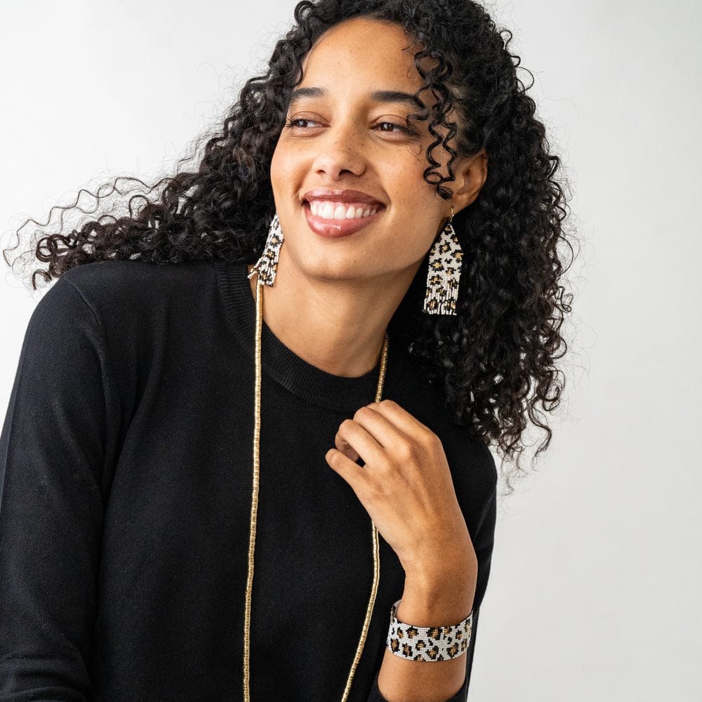 Delilah Cheetah Print Beaded Fringe Earrings Ivory, Black, + Gold Wholesale
