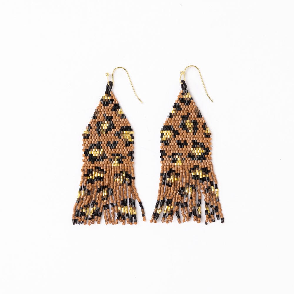 Delilah Cheetah Print Beaded Fringe Earrings Mocha, Black, + Gold Wholesale
