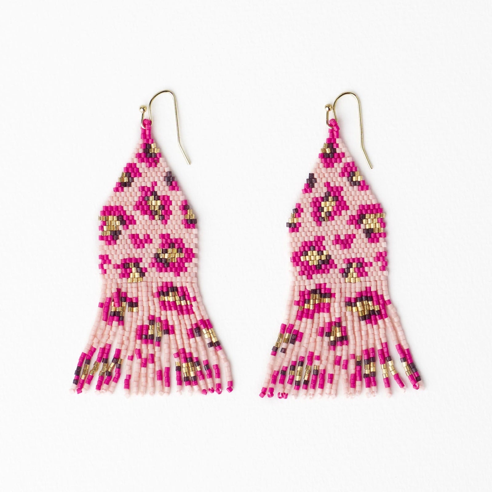Delilah Cheetah Print Beaded Fringe Earrings Pink + Gold Wholesale