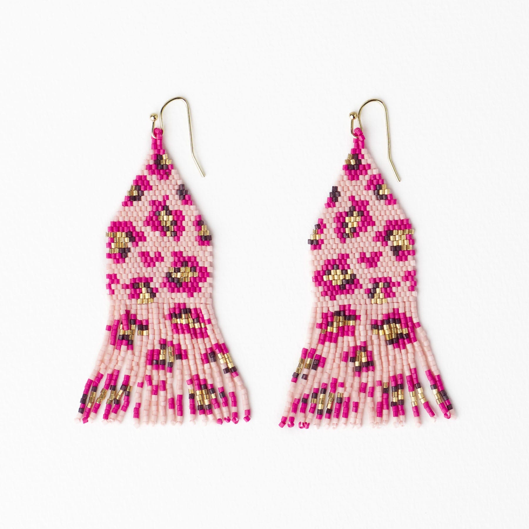 Delilah Cheetah Print Beaded Fringe Earrings Pink + Gold Wholesale