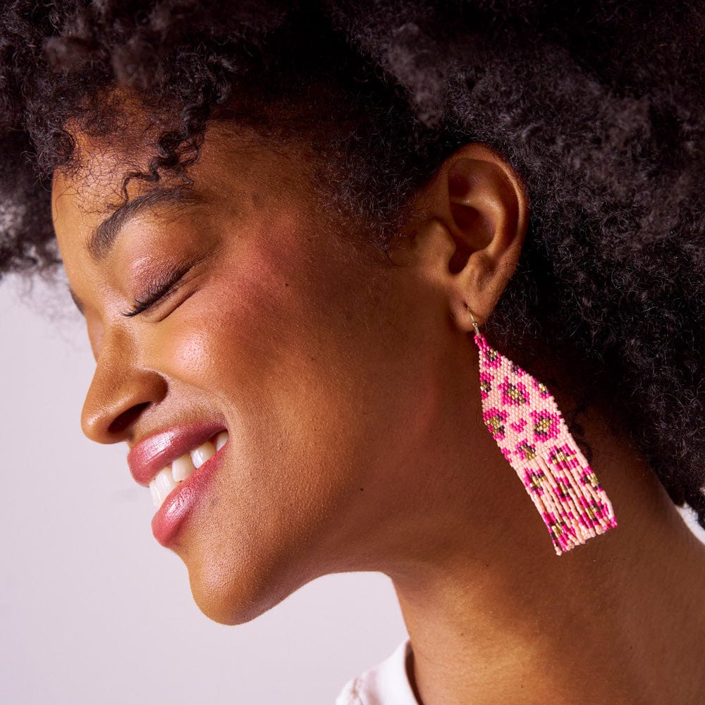 Delilah Cheetah Print Beaded Fringe Earrings Pink + Gold Wholesale