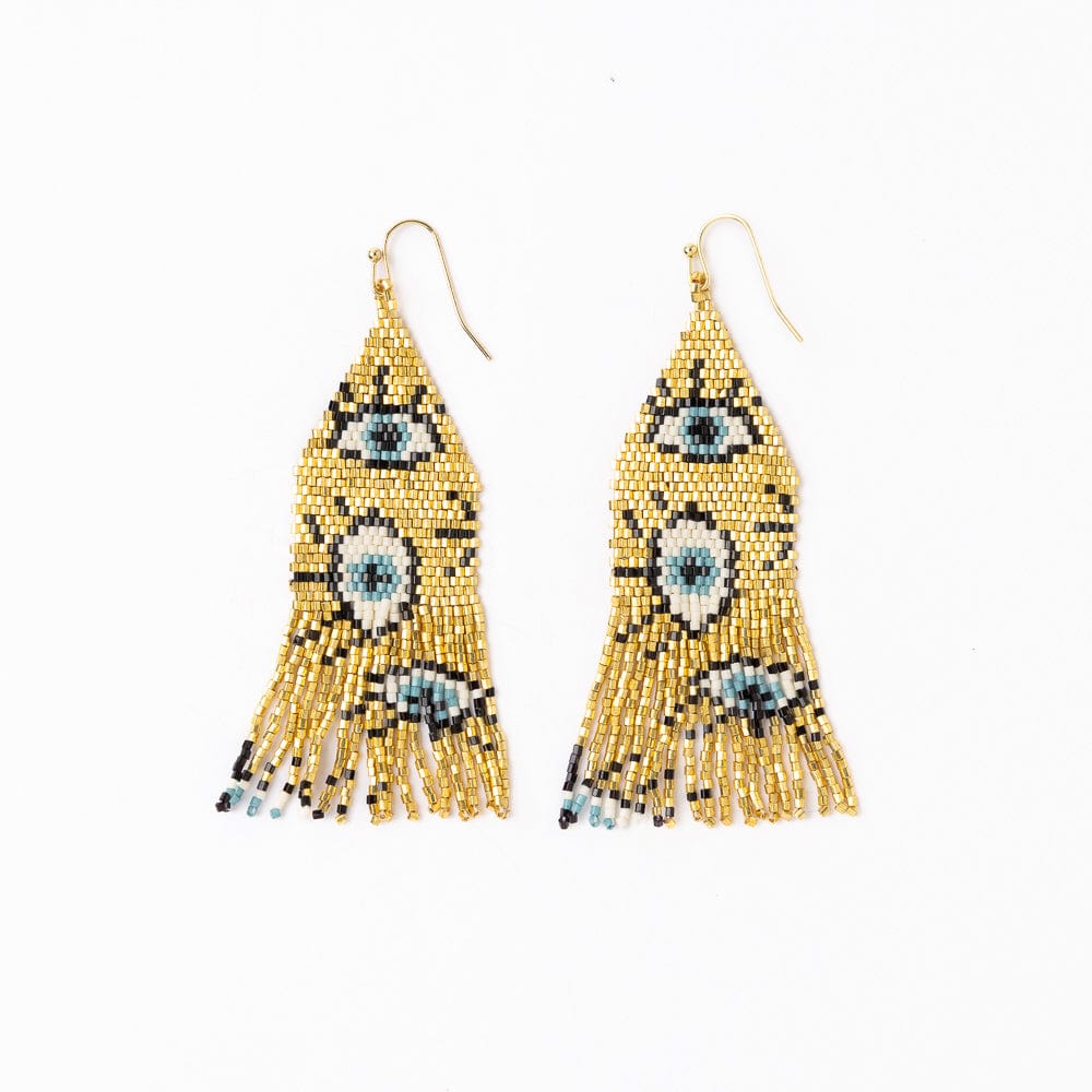 Delilah Evil Eye Beaded Fringe Earrings Gold Wholesale