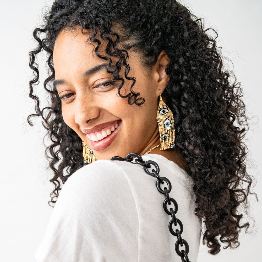 Delilah Evil Eye Beaded Fringe Earrings Gold Wholesale