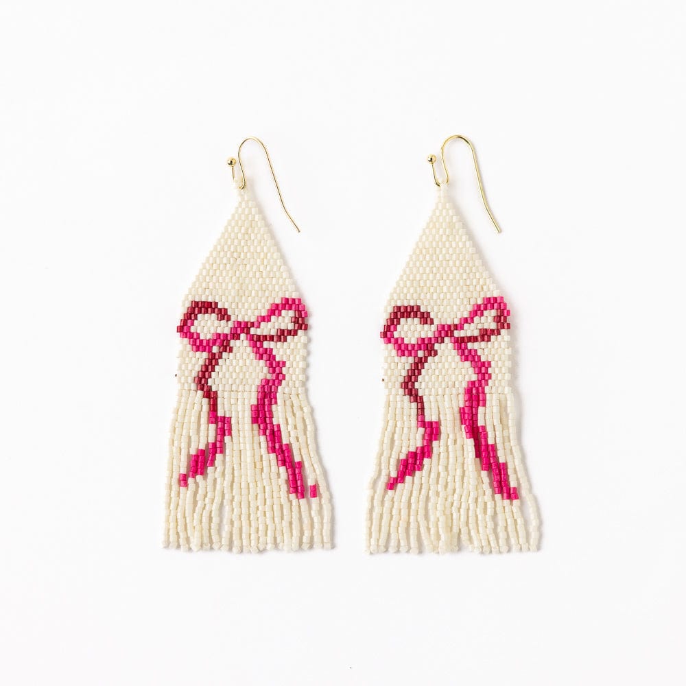 Delilah Pink Bow Beaded Fringe Earrings Ivory Wholesale
