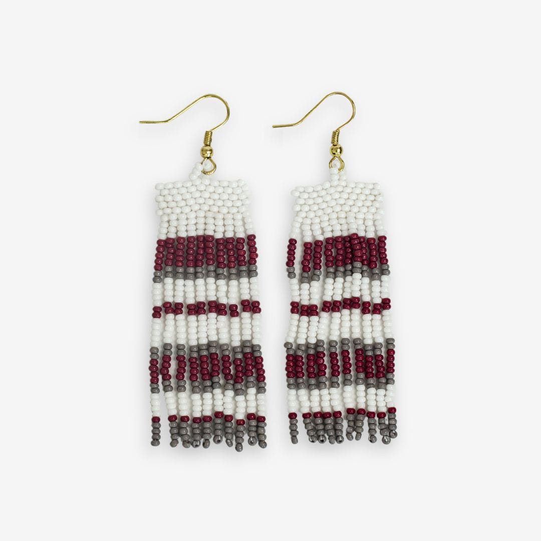 Adaline Game Day Horizontal Stripes Beaded Fringe Earrings Dark Red and Grey Wholesale