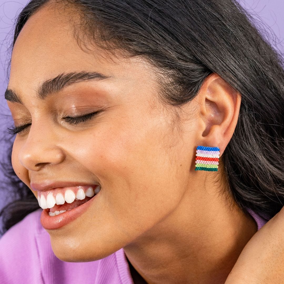 Kallie Horizontal Stripes Rectangle Post Beaded Earrings Rio Wholesale