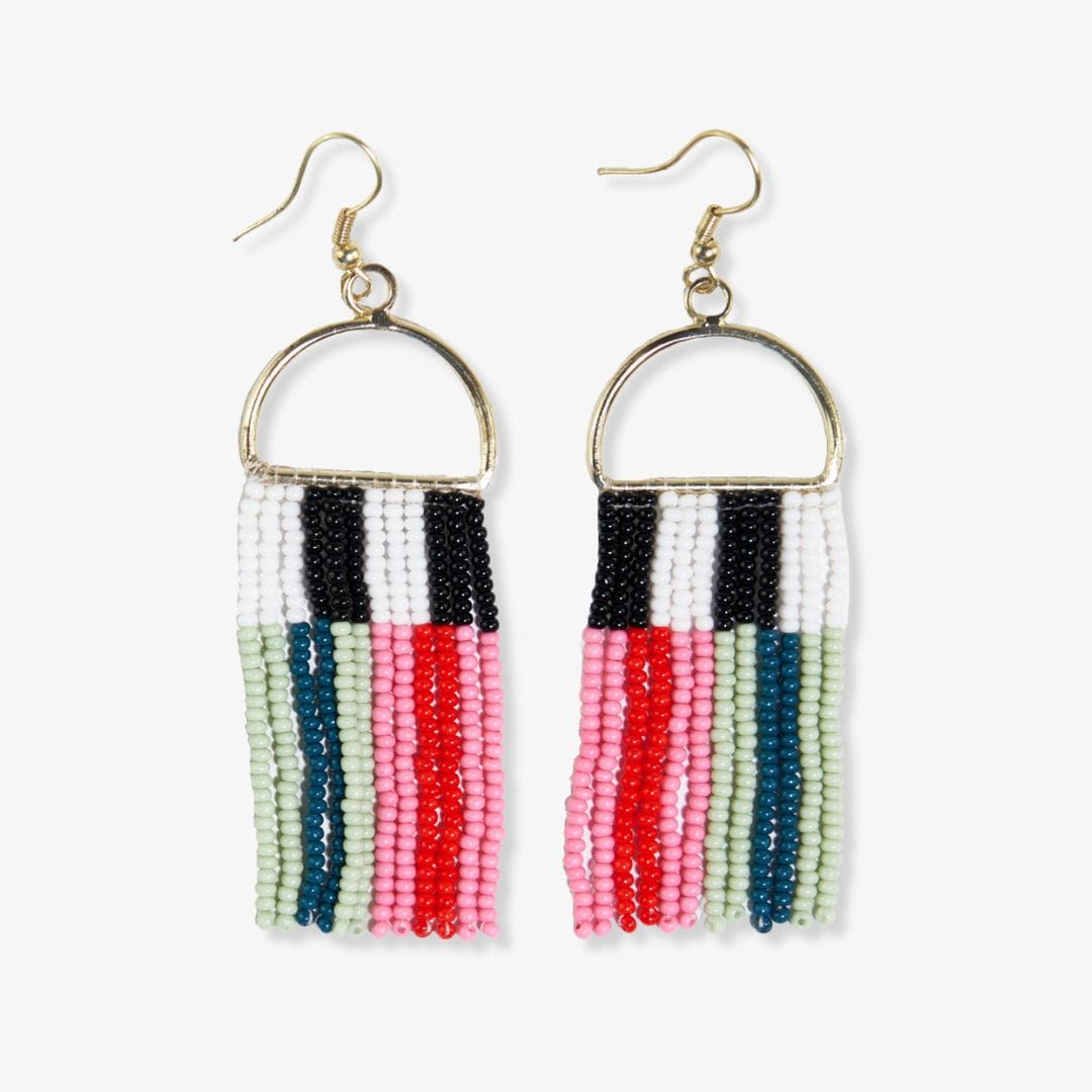 Allison Vertical Stipes Beaded Fringe Earrings Tomato Red Wholesale