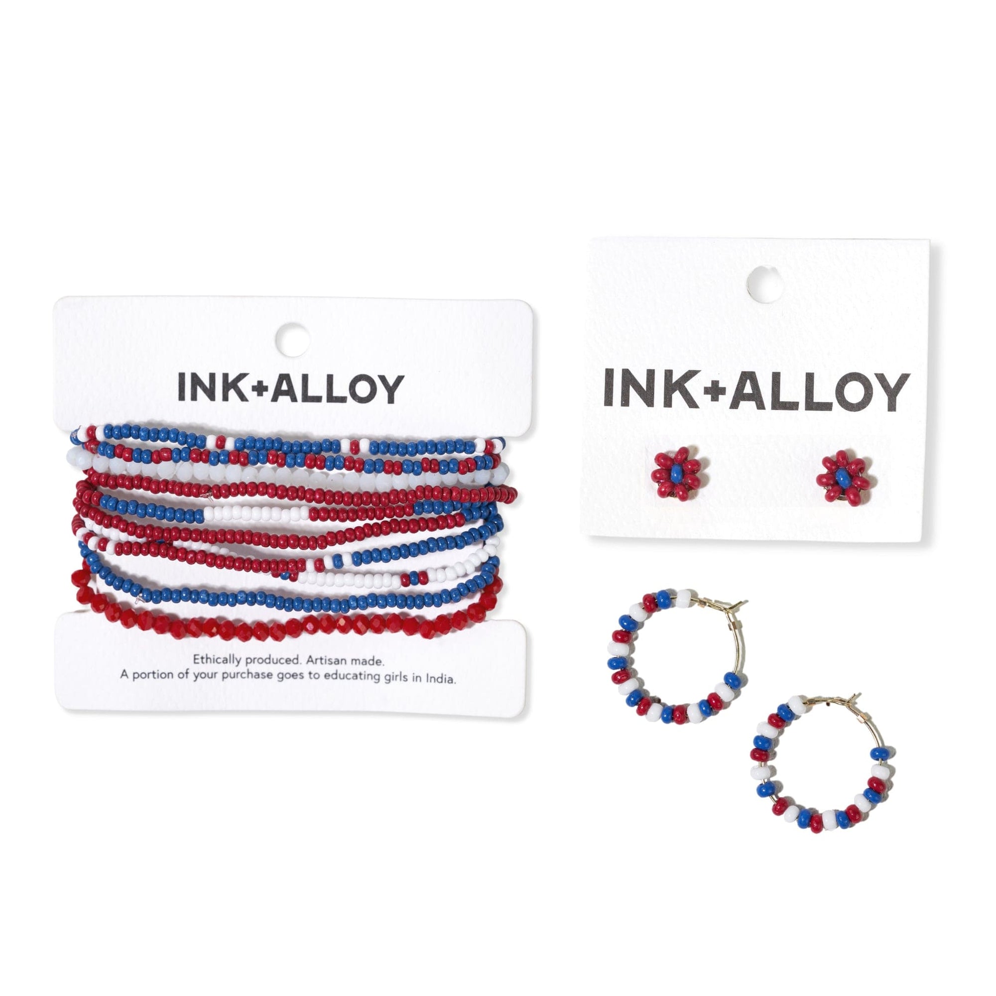 Game Day Flower Two Color Beaded Post Earrings Red and Blue Wholesale