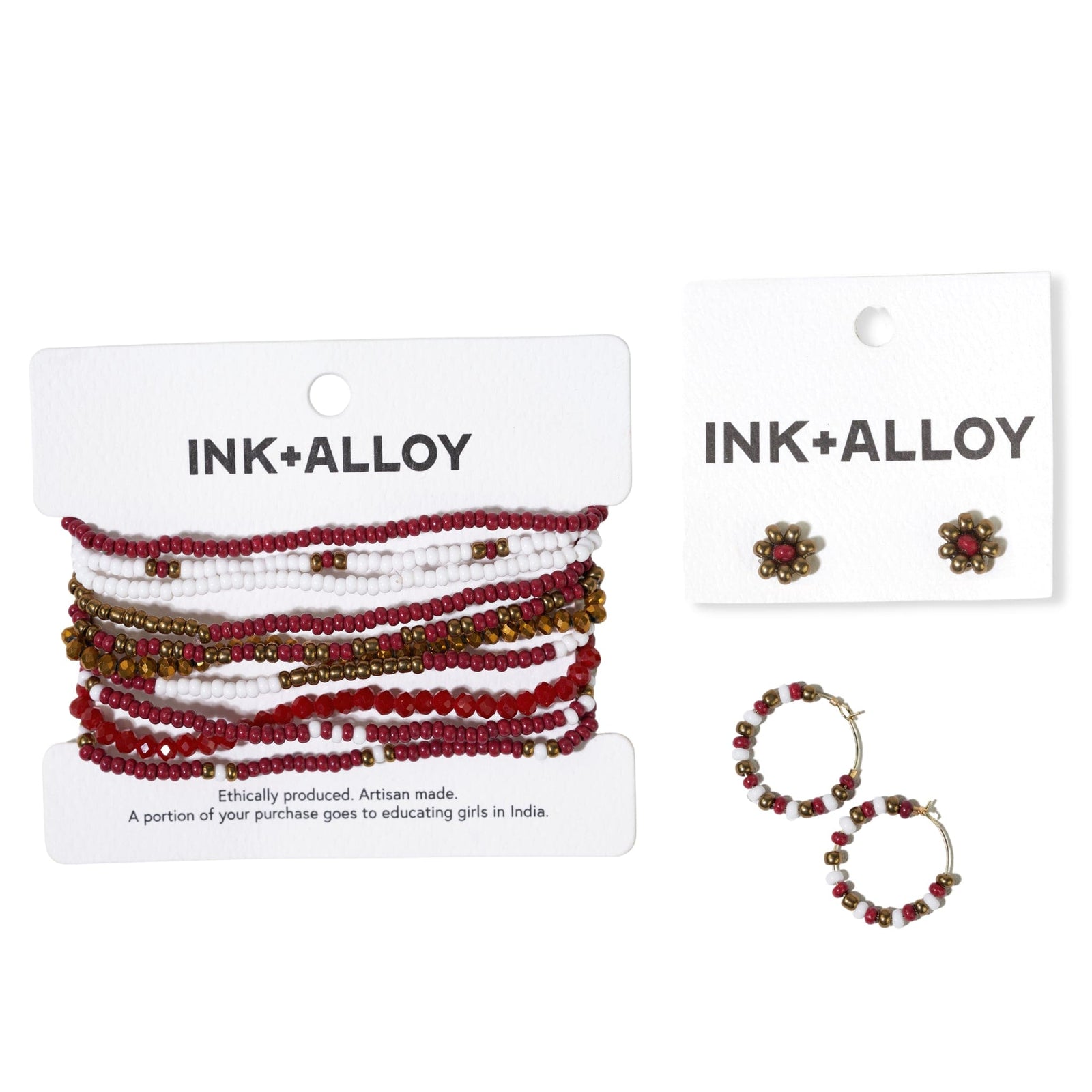 Game Day Mixed Seed Bead Hoop Earring Gold and Dark Red Wholesale