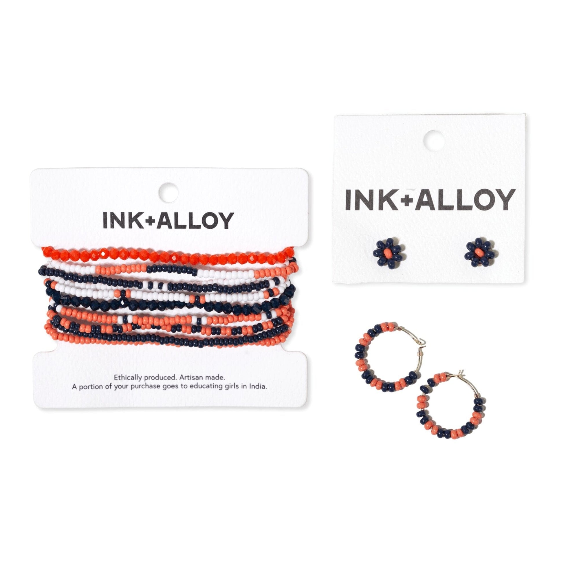 Game Day Flower Two Color Beaded Post Earrings Navy and Orange Wholesale