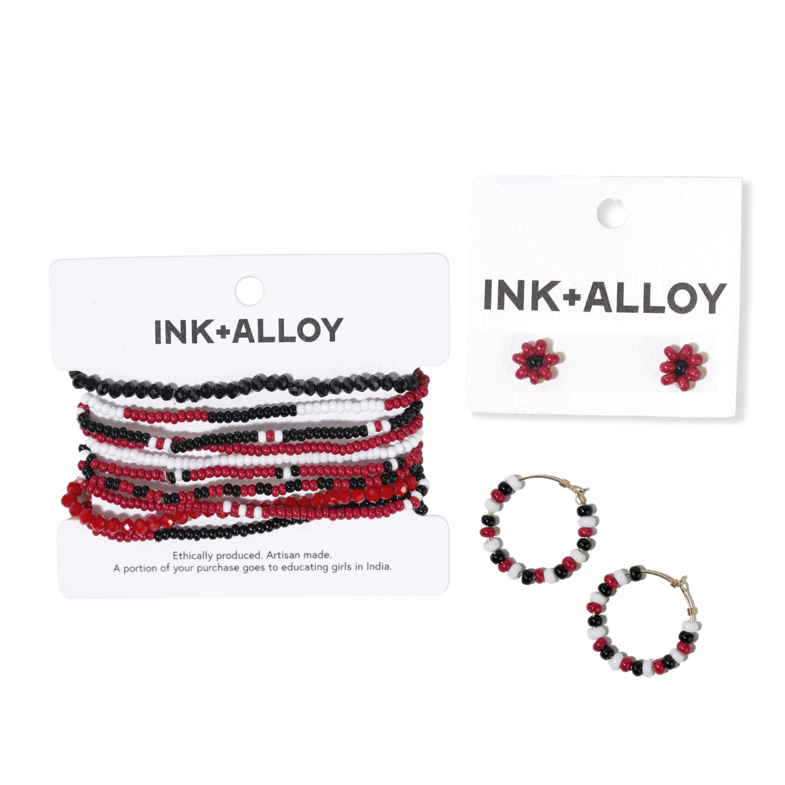 Game Day Mixed Seed Bead Hoop Earring Red and Black Wholesale