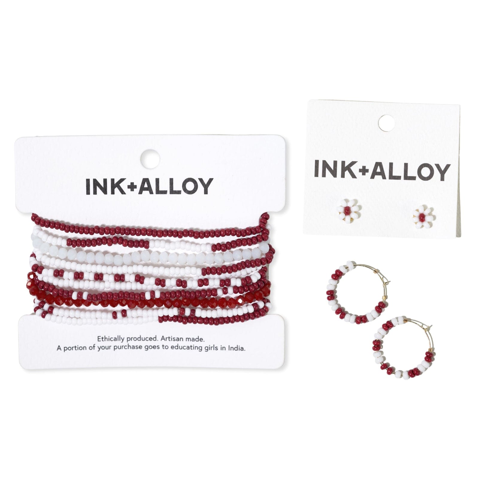 Game Day Mixed Seed Bead Hoop Earring White and Dark Red Wholesale