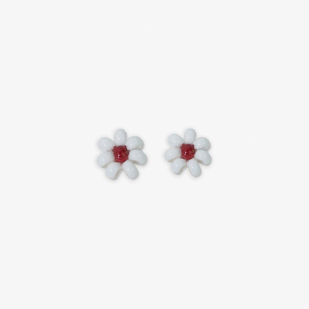 Game Day Flower Two Color Beaded Post Earrings White and Dark Red Wholesale