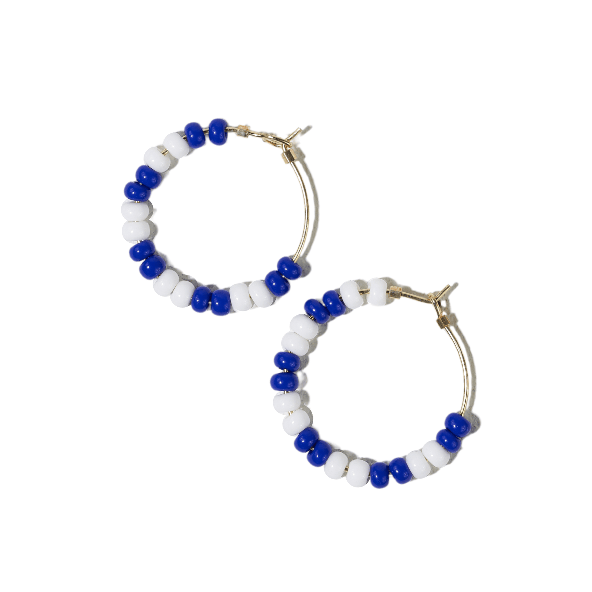 Victoria mixed seed bead hoop earrings blue + white