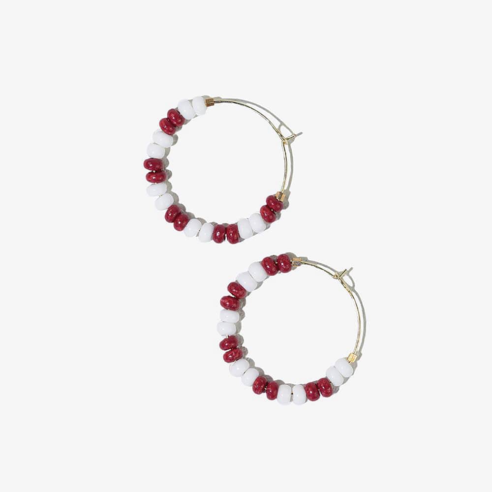 Game Day Mixed Seed Bead Hoop Earring White and Dark Red Wholesale