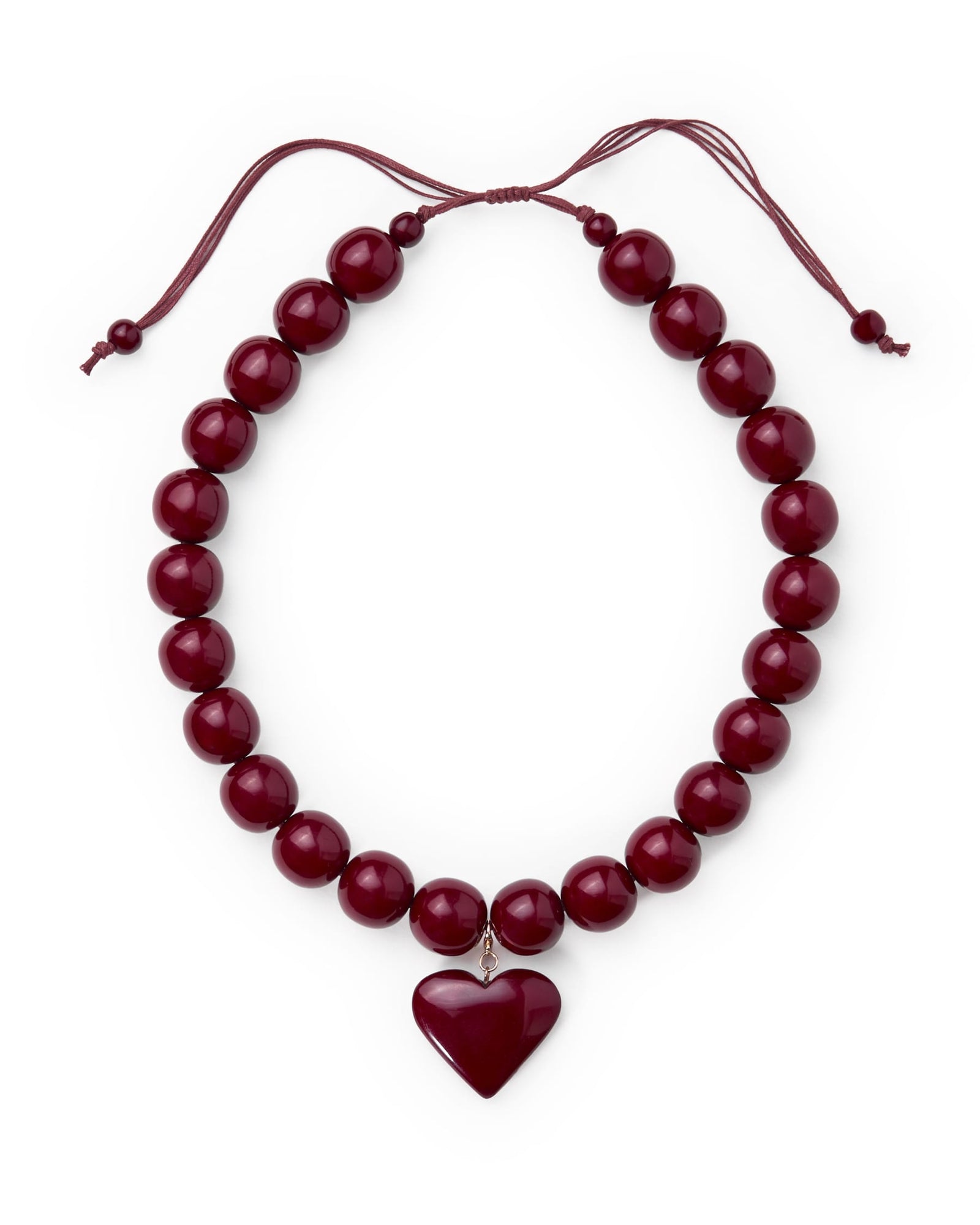 Emery Large Round Resin Bead With Heart Adjustable Necklace Burgundy