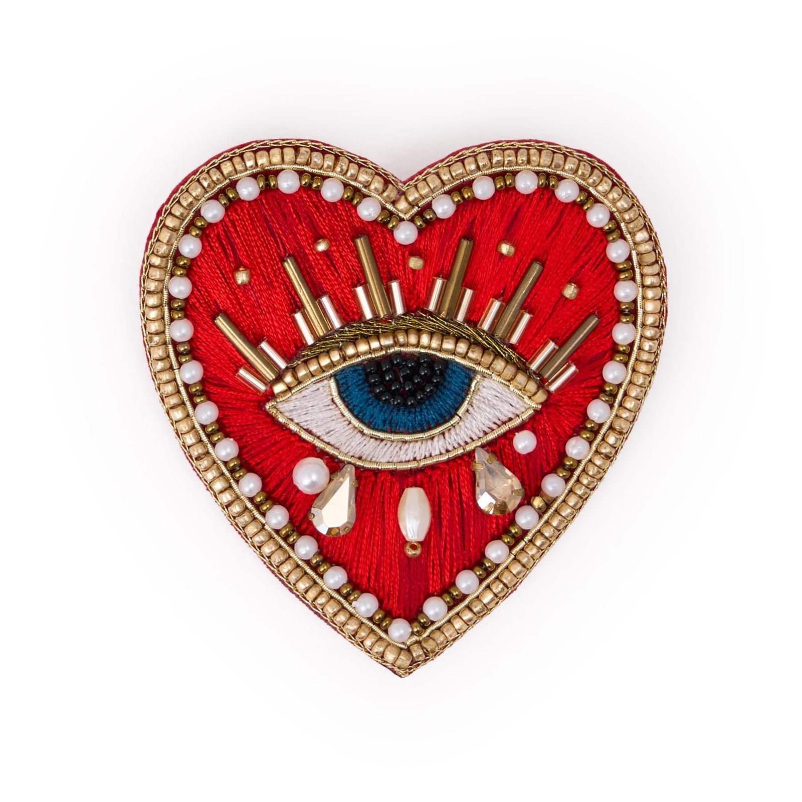 Avery Heart Eye Beaded Embroidered Brooch Red