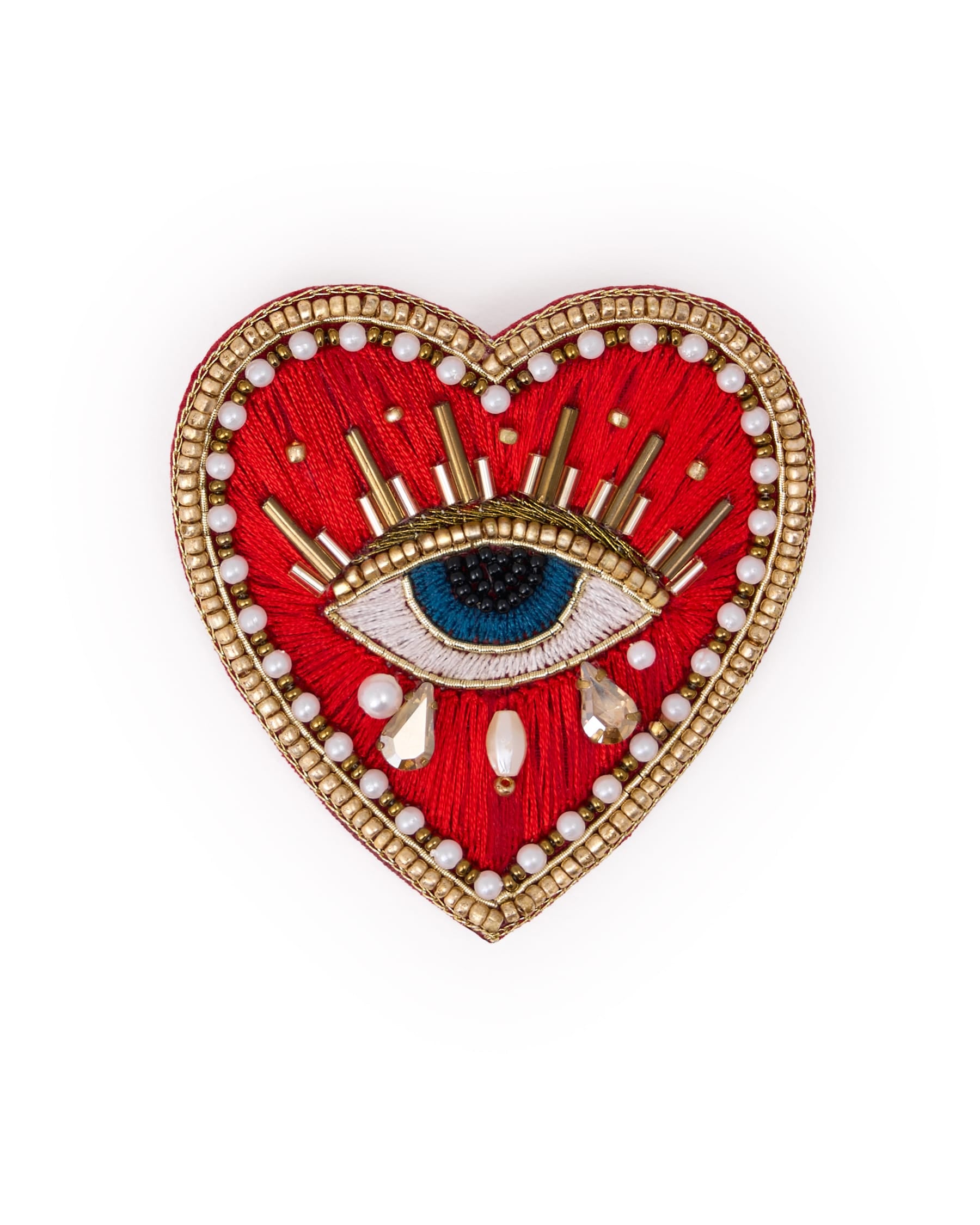 Avery Heart Eye Beaded Embroidered Brooch Red