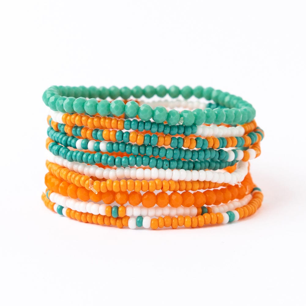 Game Day Color Block Beaded 10 Strand Stretch Bracelet Set Aqua and Orange Wholesale