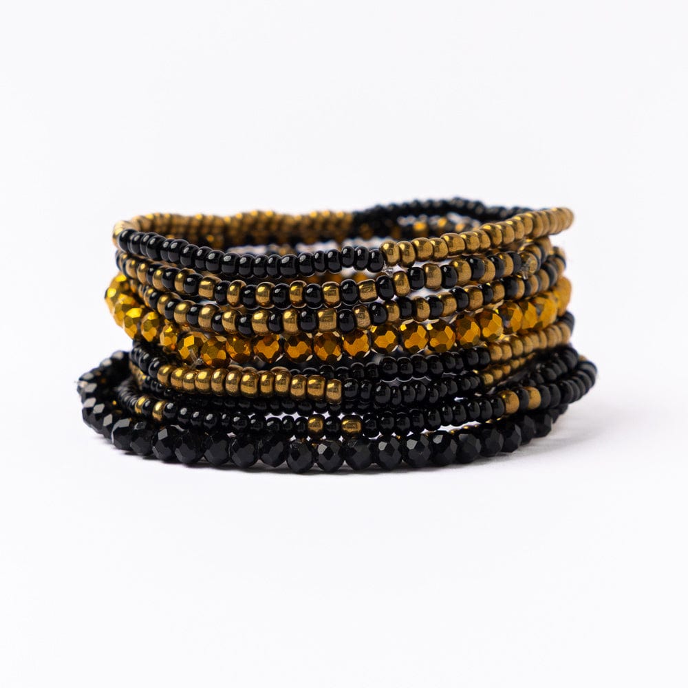 Game Day Beaded 10 Strand Stretch Bracelet Set Black + Gold Wholesale