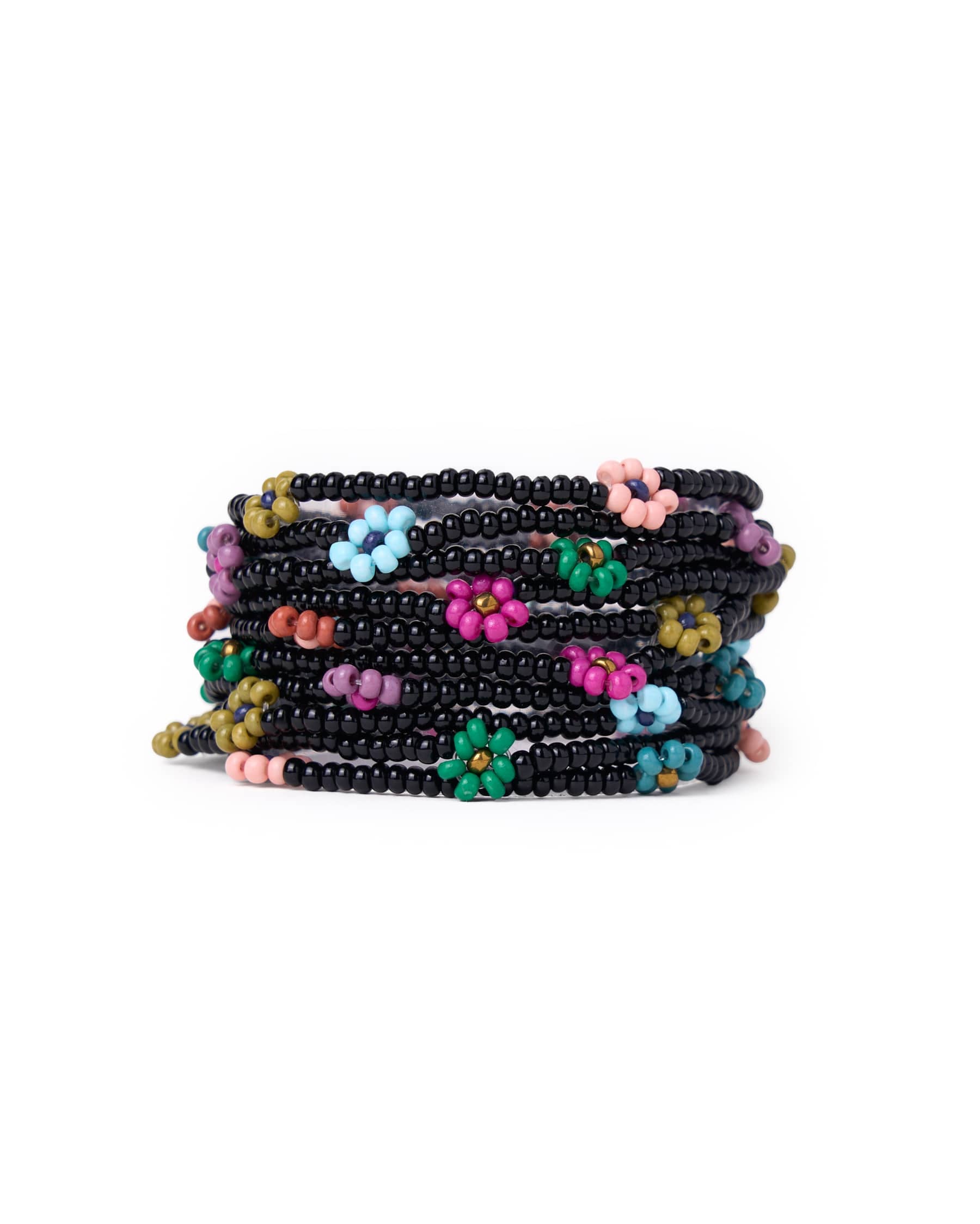 Sage Multi-Color Flower Beaded 10 Strand Stretch Bracelets Black