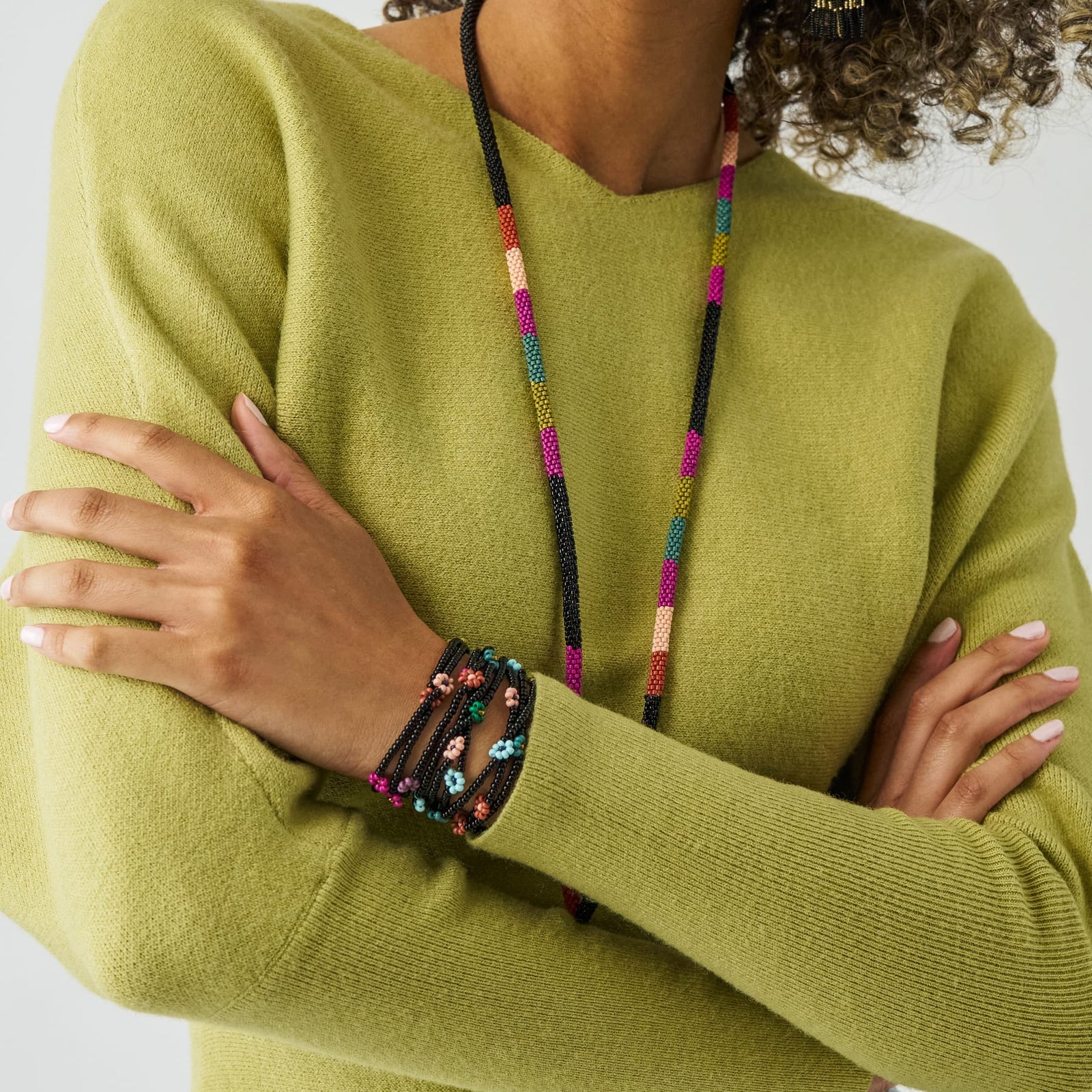 Sage Multi-Color Flower Beaded 10 Strand Stretch Bracelets Black