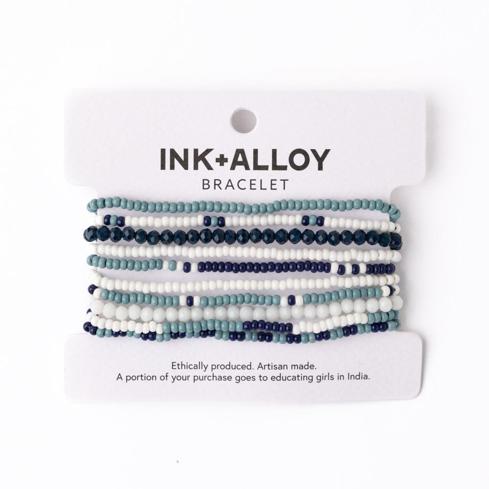 Game Day Color Block Beaded 10 Strand Stretch Bracelets Navy and Light Blue Wholesale