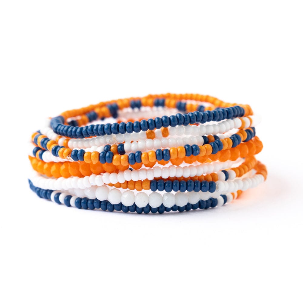 Game Day Color Block Beaded 10 Strand Stretch Bracelets Blue and Orange Wholesale