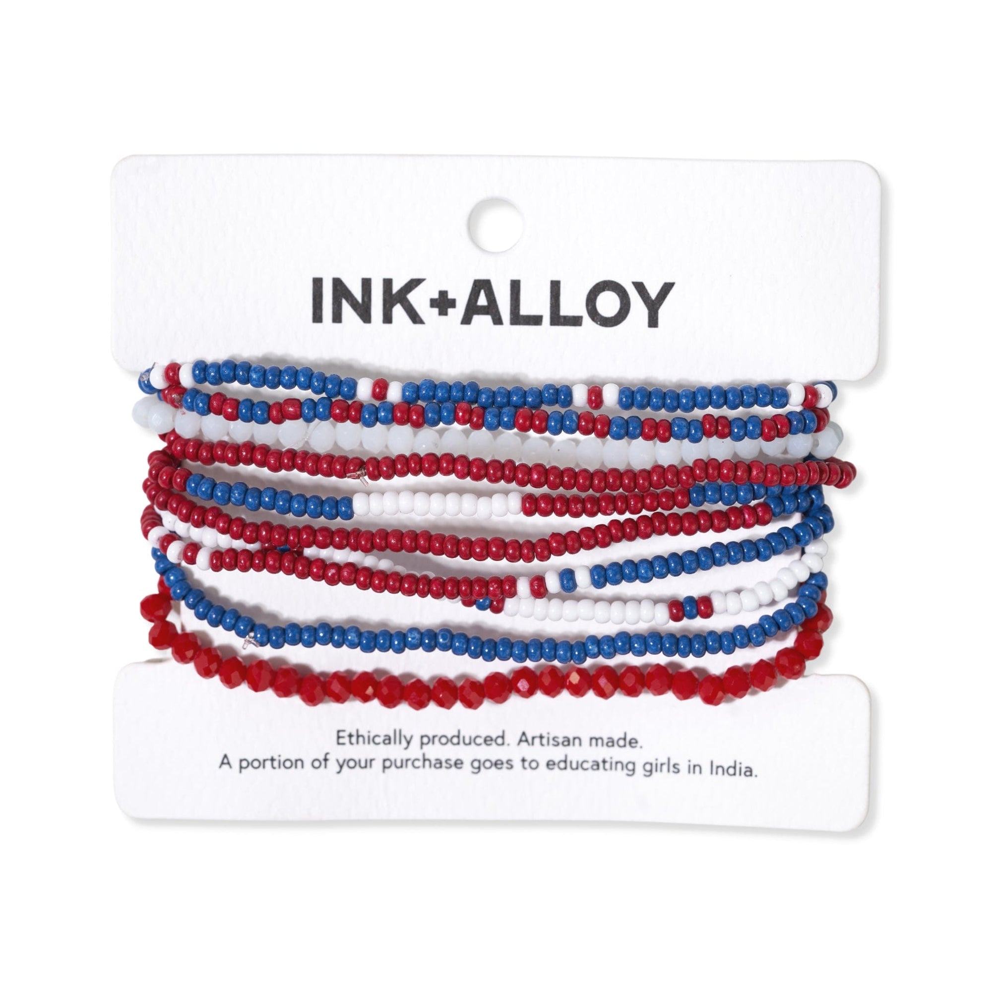 Sage color block beaded 10 strand stretch bracelets red + blue