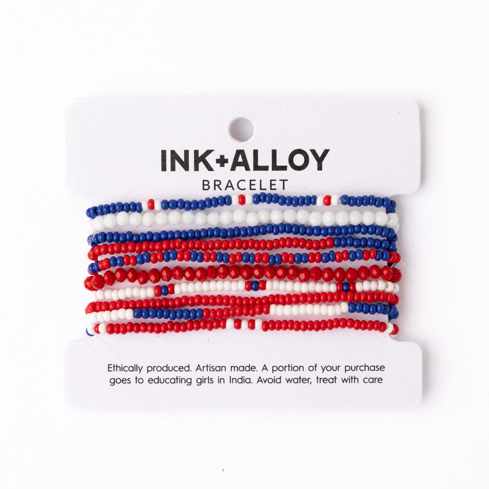 Game Day Color Block Beaded 10 Strand Stretch Bracelets Red and Blue Wholesale