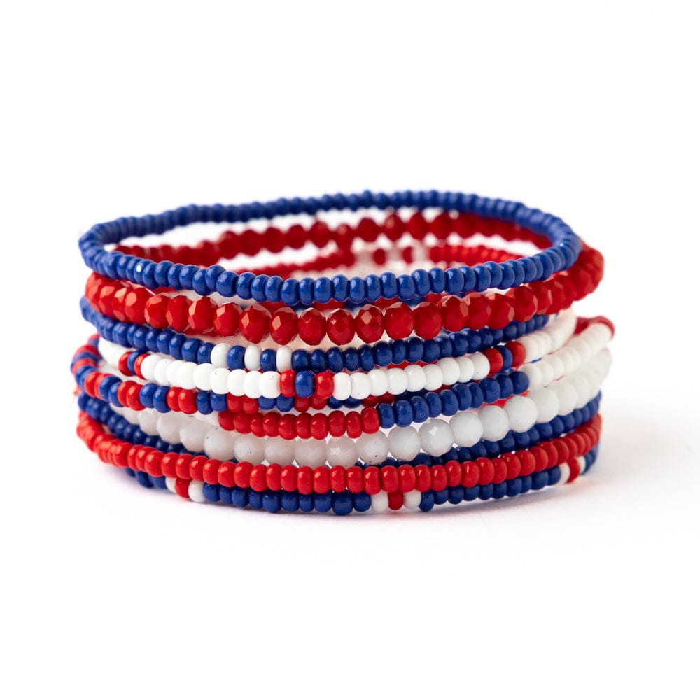 Game Day Color Block Beaded 10 Strand Stretch Bracelets Red and Blue Wholesale