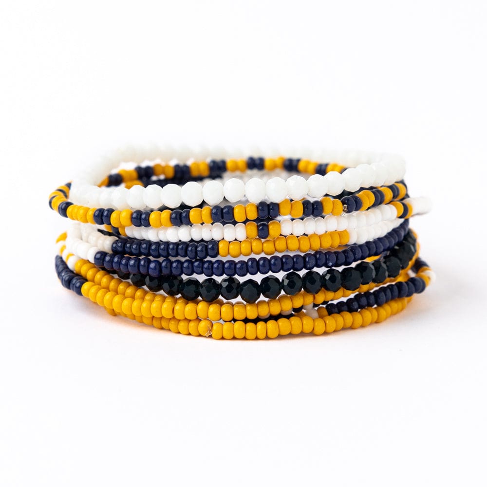 Game Day Color Block Beaded 10 Strand Stretch Bracelets Navy and Yellow Wholesale